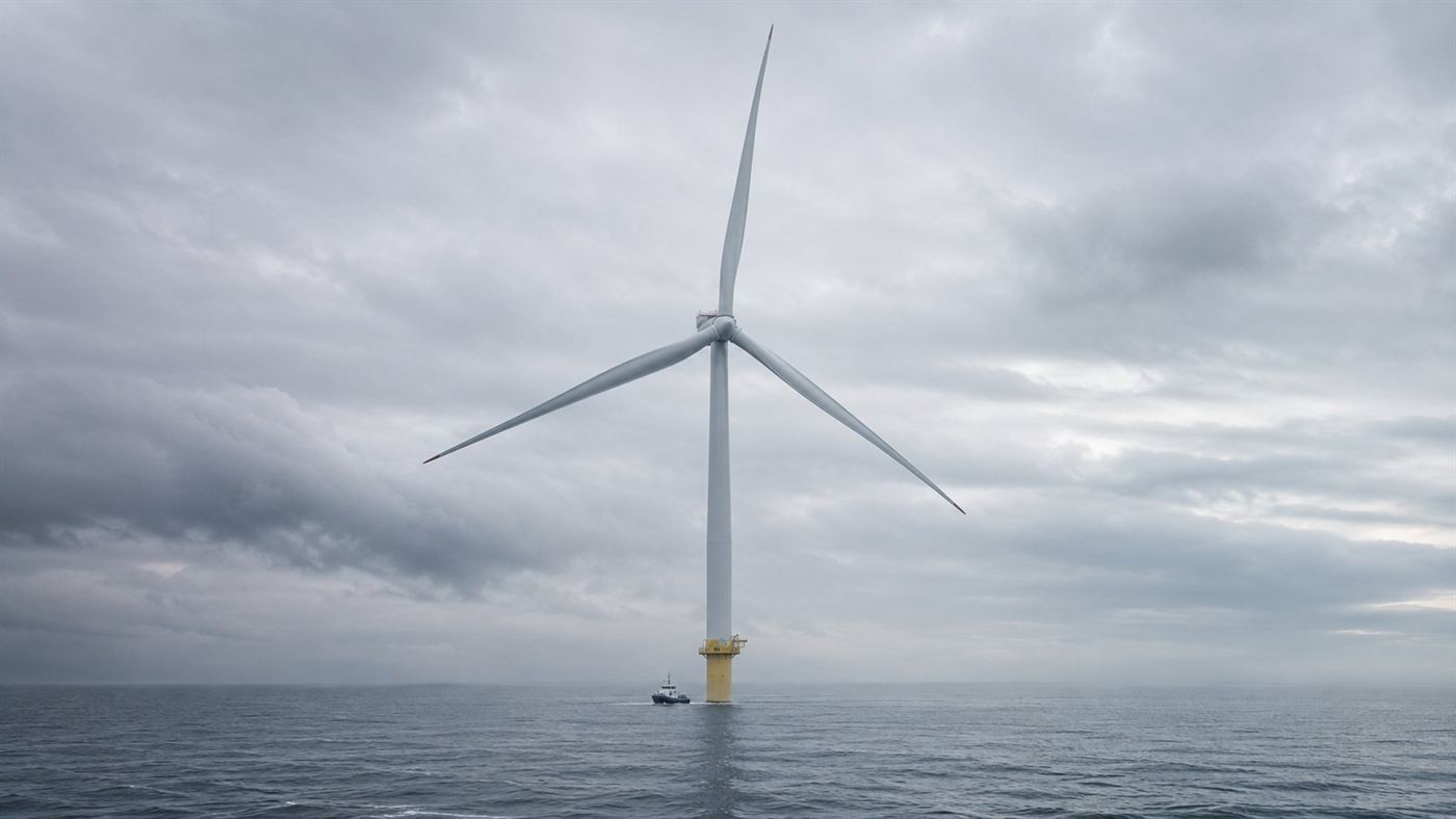 A colossal offshore wind turbine above a grey sea