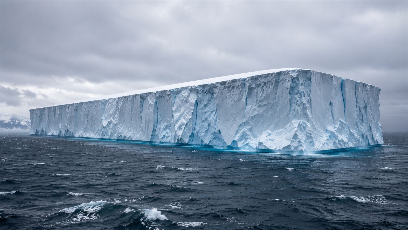 A colossal flat-topped iceberg with towering ice cliffs rising out of a grey Southern Ocean