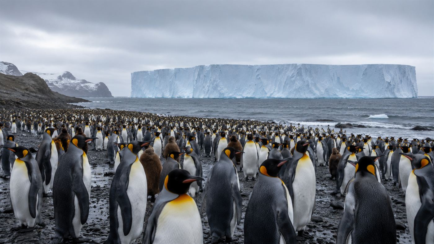 A large colony of king penguins on a South Georgia beach with a huge iceberg looming on the sea behind them