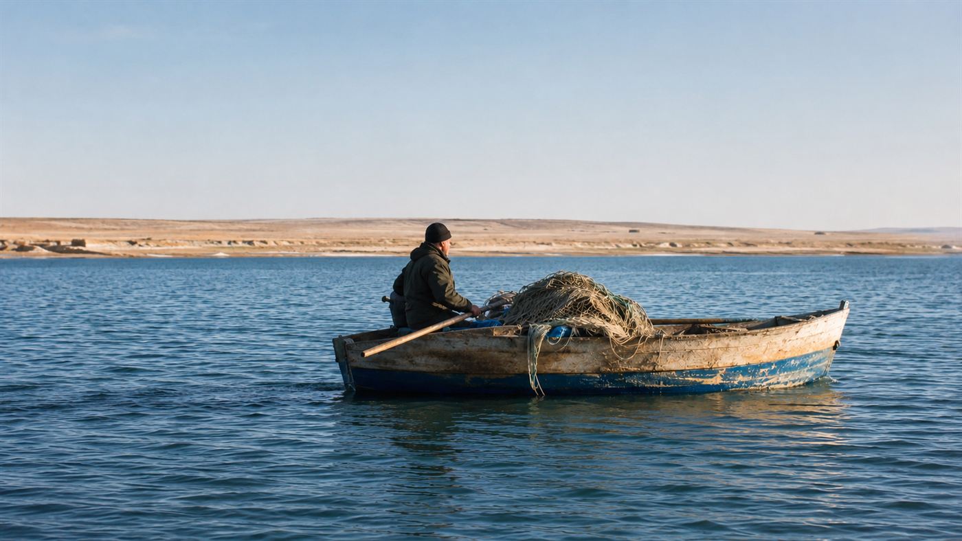 A small fishing boat back on the blue water of the restored North Aral Sea with a low desert shoreline behind it