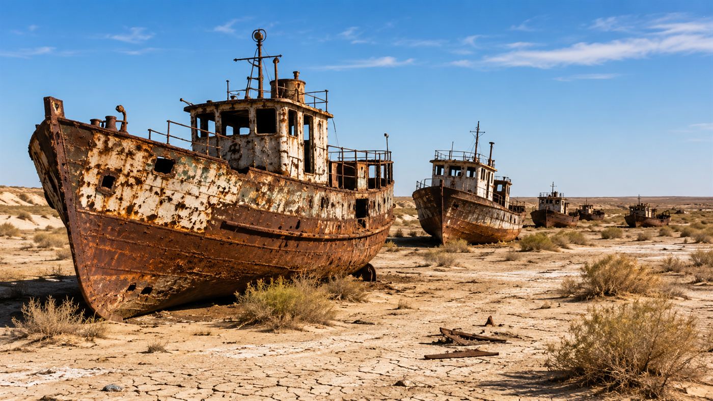 Rusting hulls of abandoned fishing ships stranded on cracked dry desert ground where the Aral Sea once was