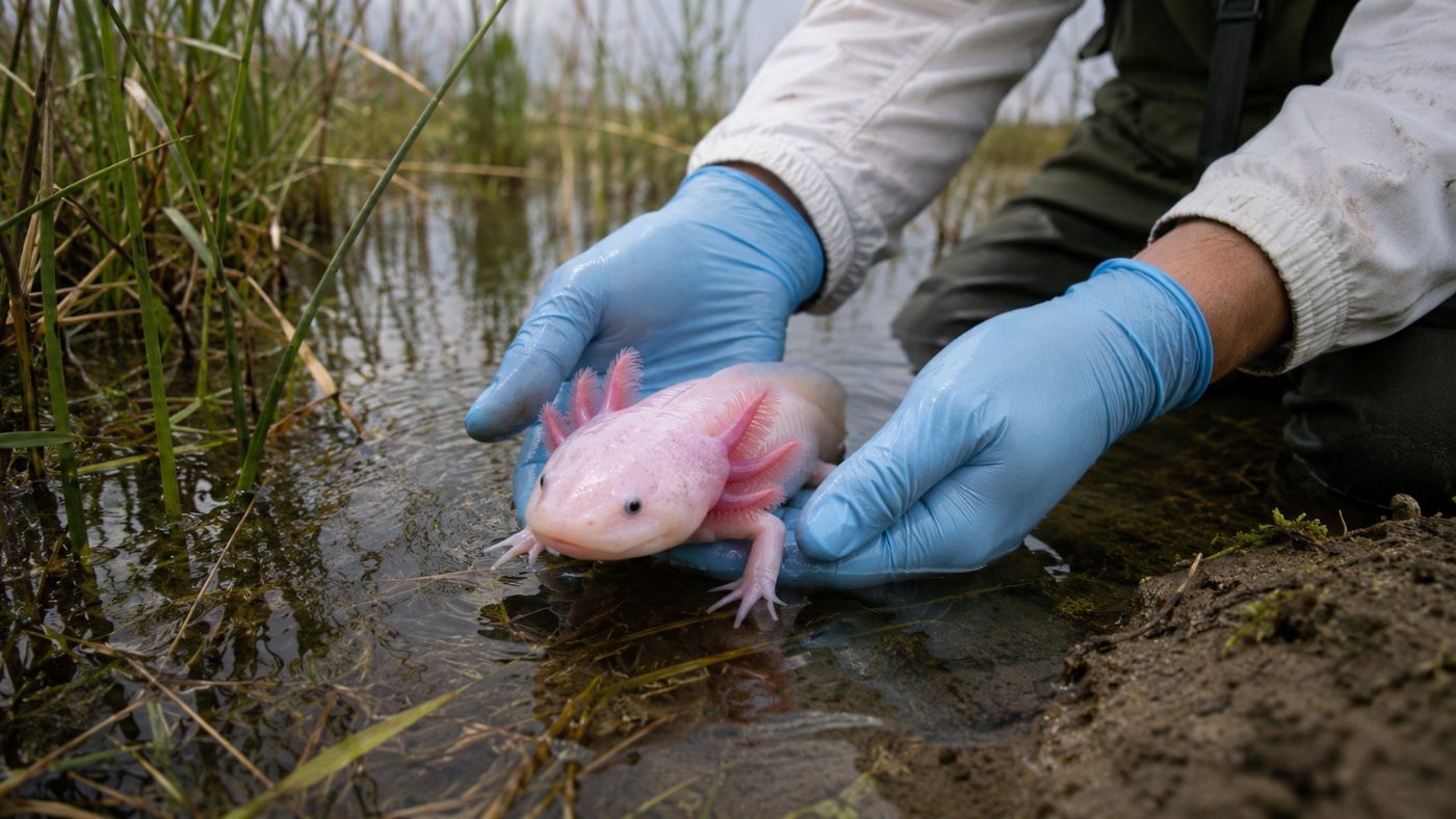 A researcher's gloved hands gently lowering a pale axolotl into the clear water of a filtered wetland refuge among green reeds