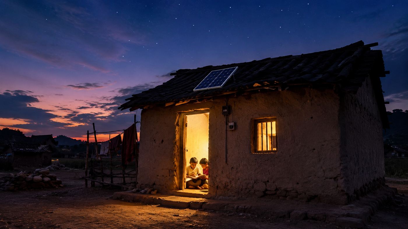 Solar panels on the roof of a simple village house at dusk with a warm electric light glowing inside and children visible studying