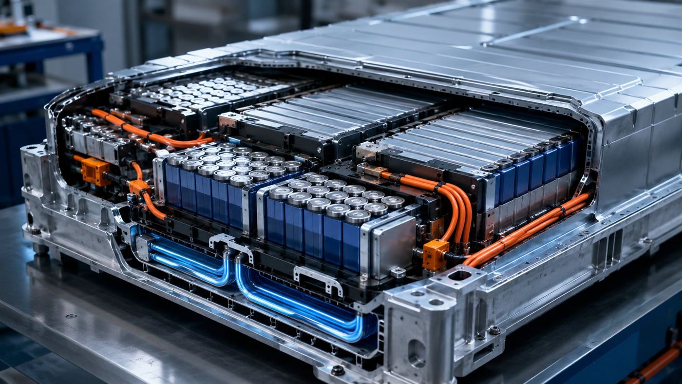 A detailed cutaway of an EV battery pack showing lithium-ion cells grouped into modules with cooling channels and wiring