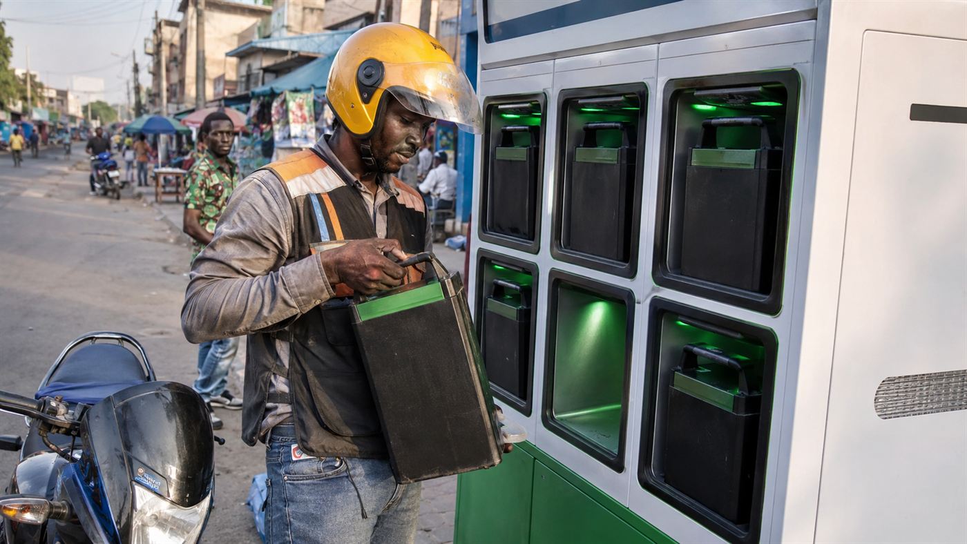 A motorcycle rider lifting a charged battery out of a swap cabinet at an electric motorbike battery swap station on a city street in Africa