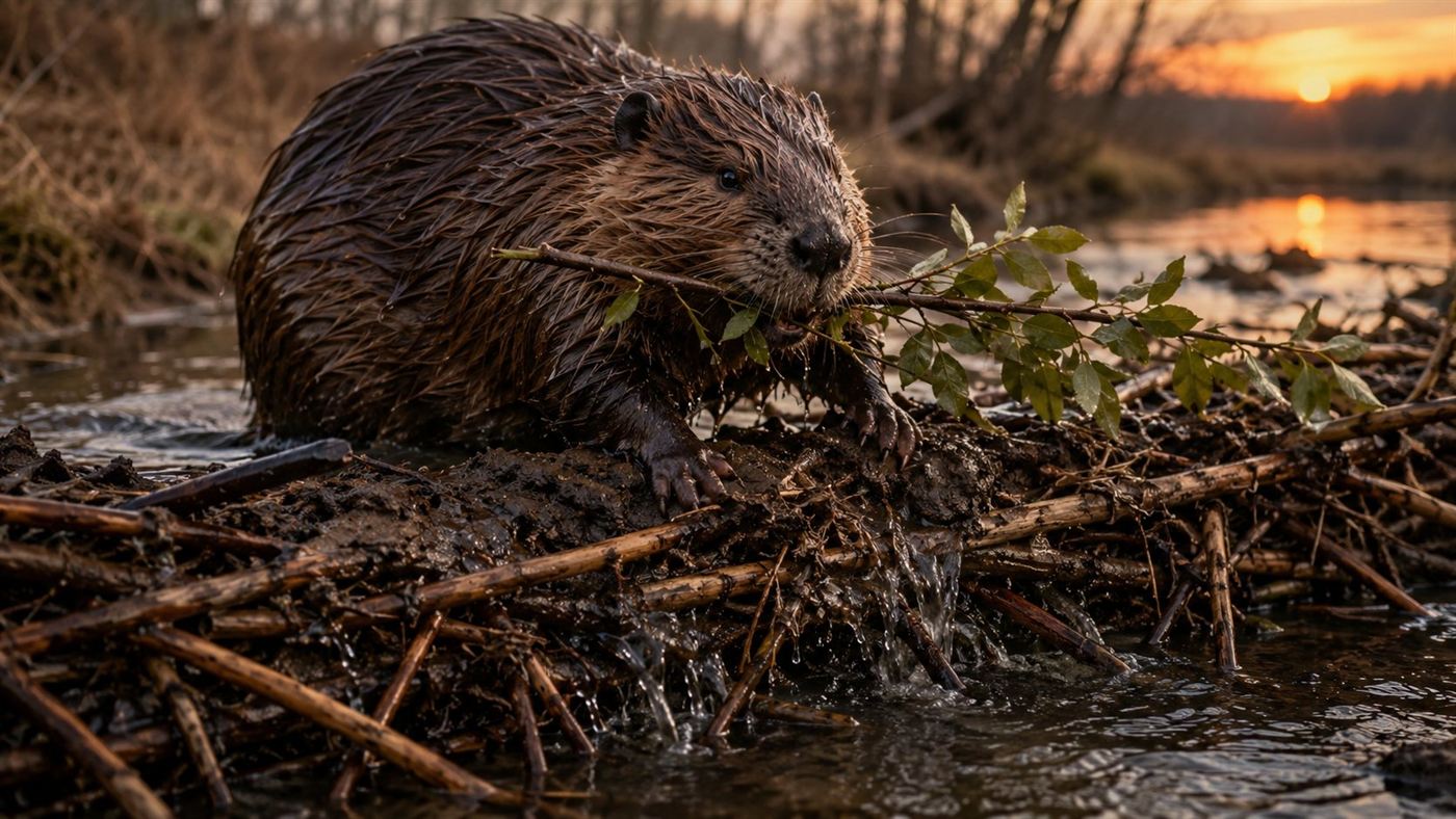 A beaver carrying a branch and packing mud onto a dam across a small stream at dusk