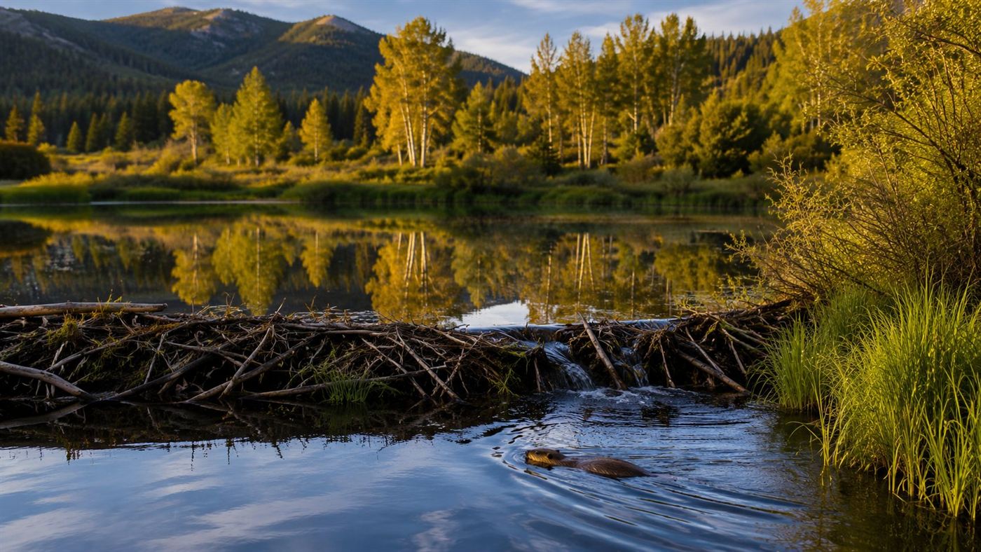 A beaver dam holding back a pond in a green mountain meadow