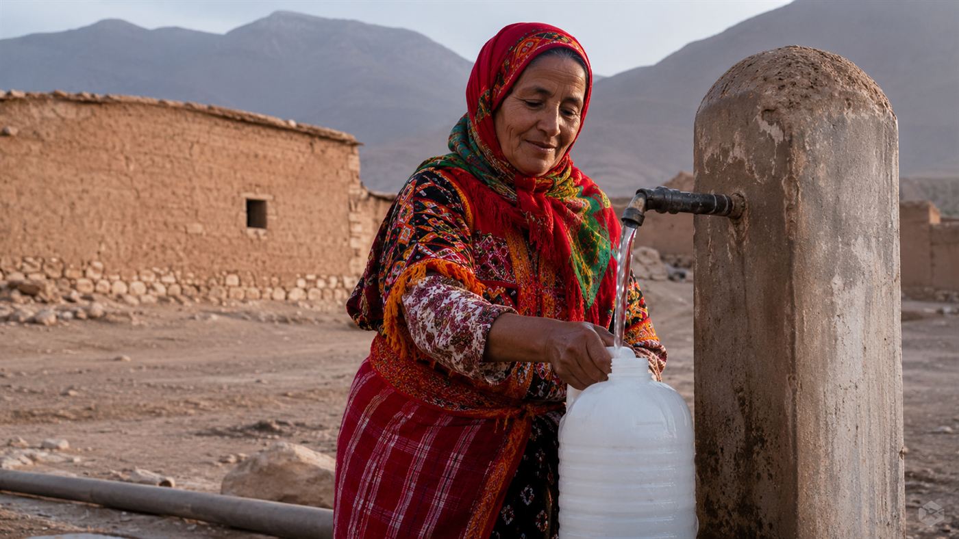 An Amazigh Berber woman in colourful traditional dress filling a container from a simple village water tap, with dry mountains behind her, looking relieved