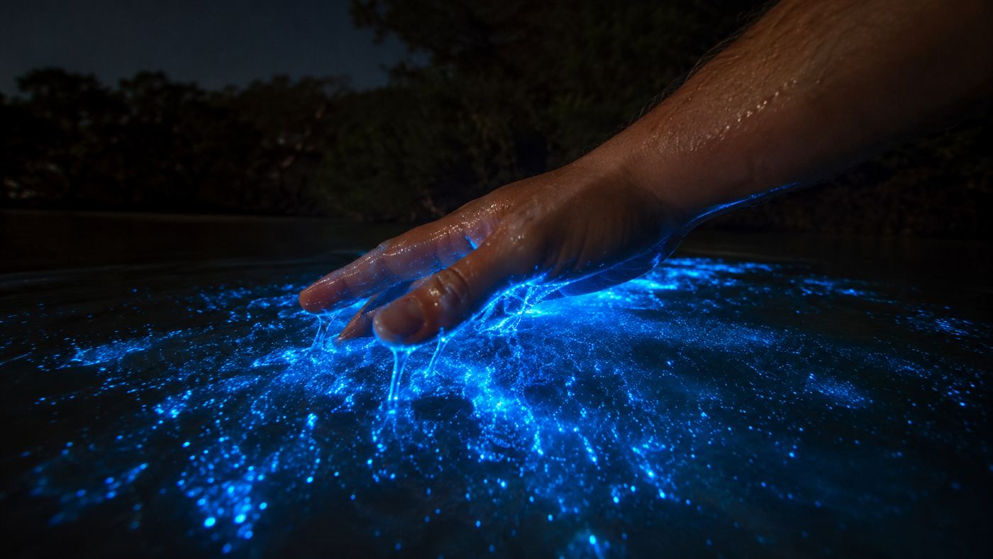 A close view at night of a hand trailing through dark water that glows bright blue around the fingers, with the dark outline of mangroves behind