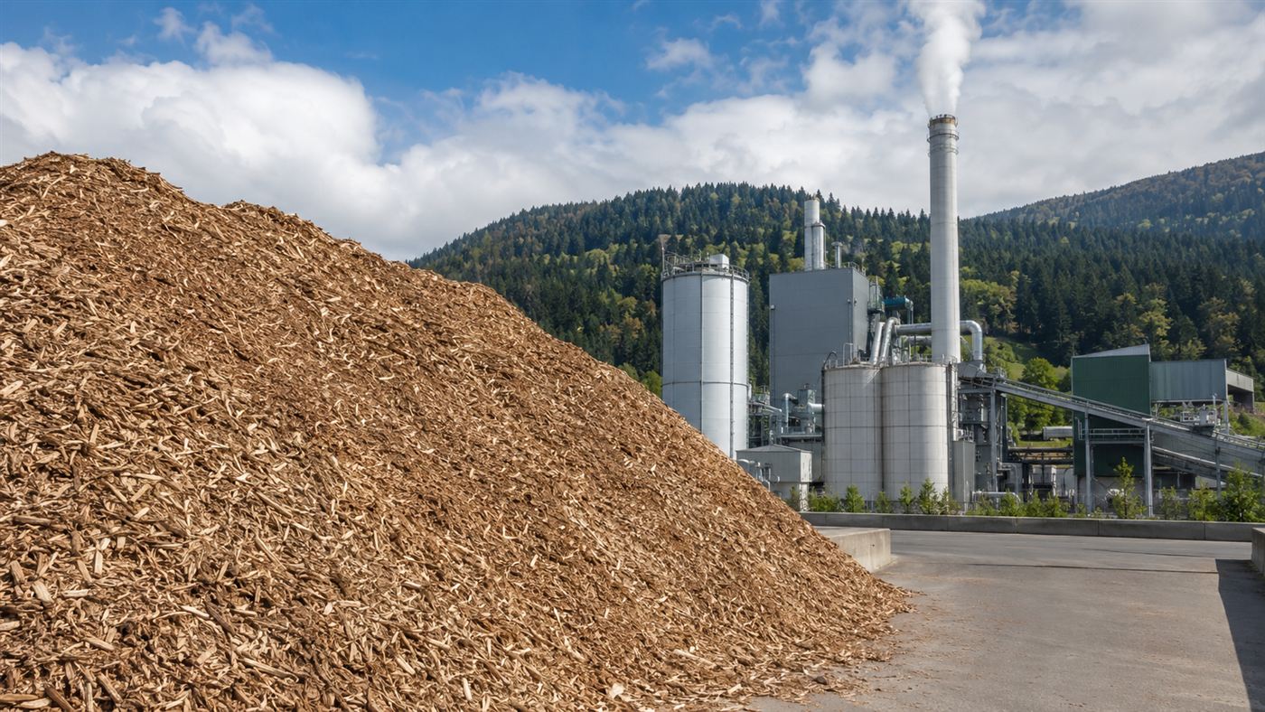 A large heap of wood chips beside a modern biomass power plant with silos and a chimney, with forested hills behind under daylight