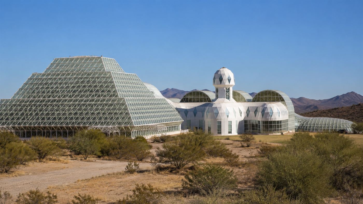 The huge glass and steel domes of Biosphere 2 in the Arizona desert under a blue sky