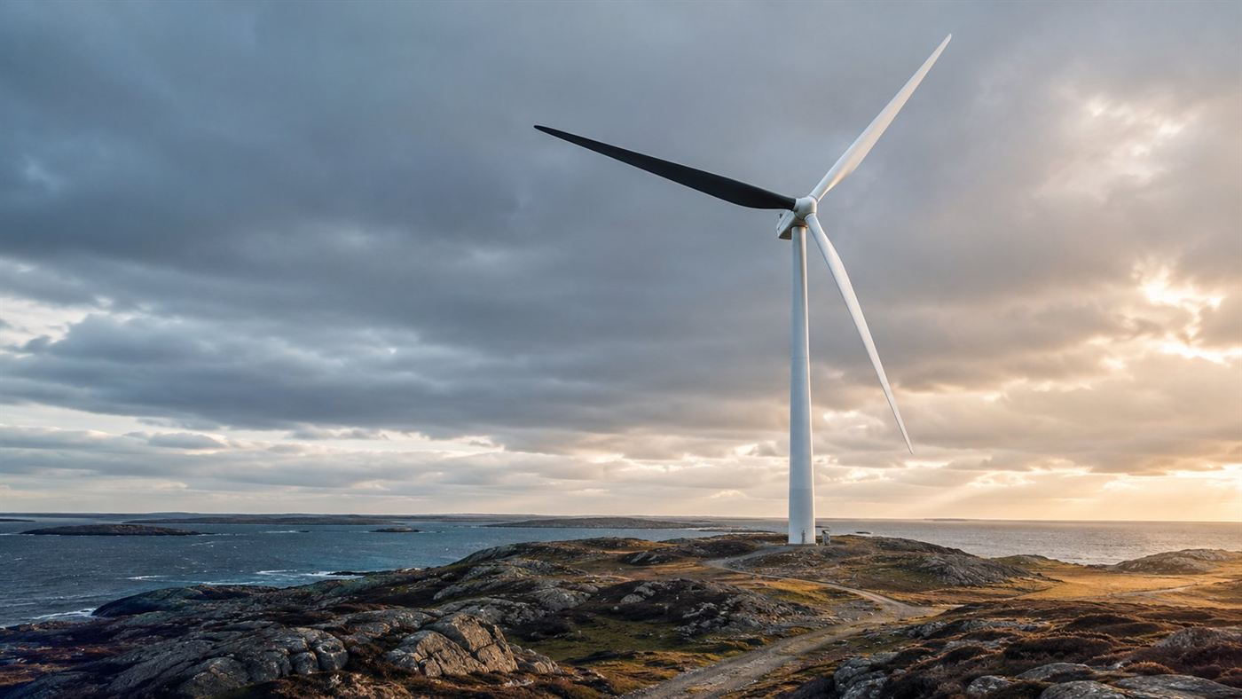 A coastal wind turbine with one blade painted black