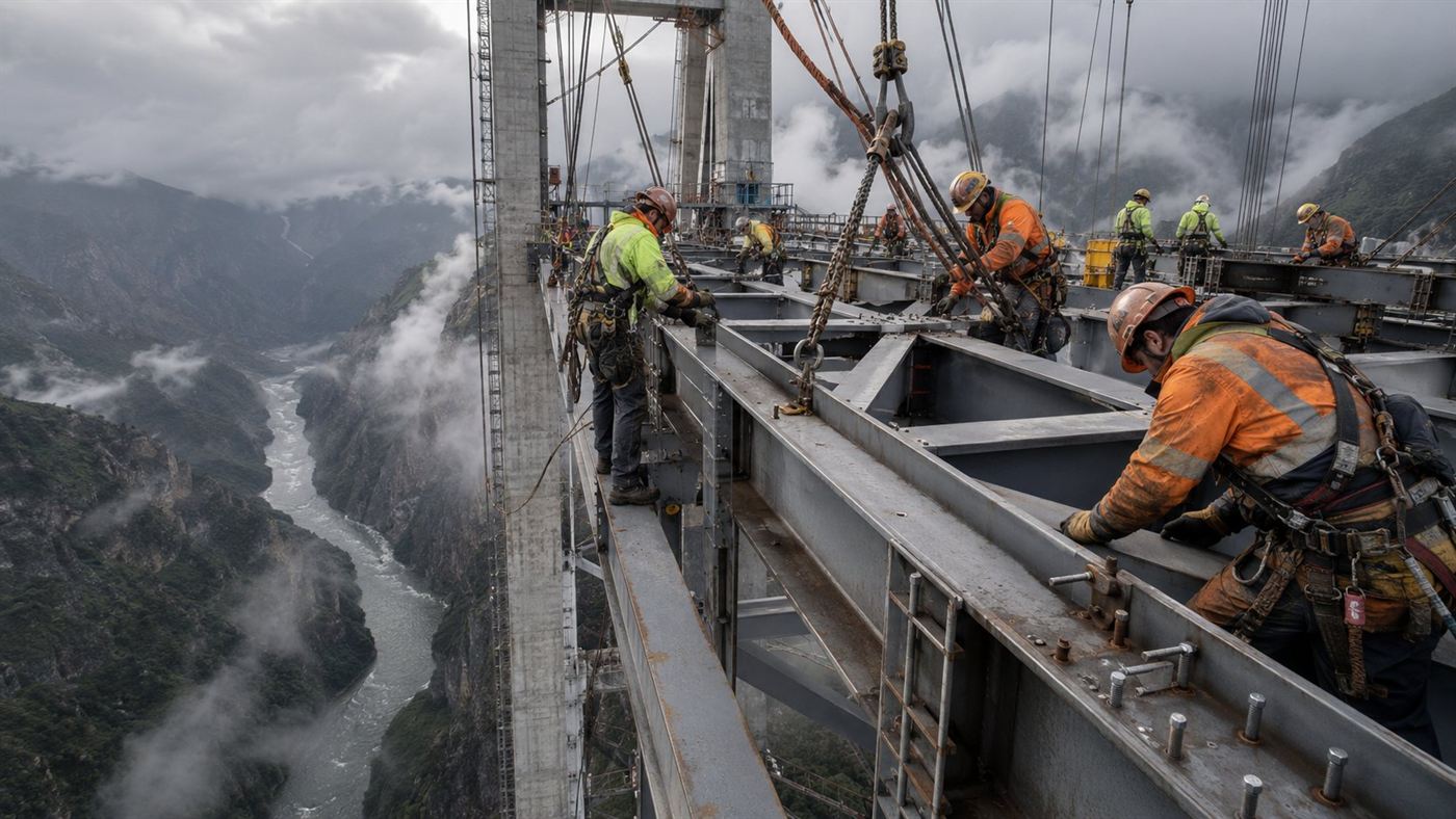 Workers and steel truss sections being assembled high on a bridge deck above a deep canyon, with cables and a tall tower rising overhead
