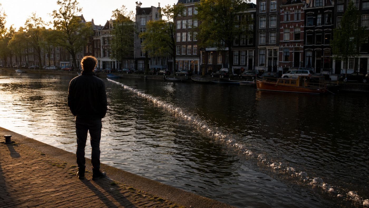 A line of air bubbles rising in a diagonal across an Amsterdam canal at golden hour, a person watching from the brick quayside
