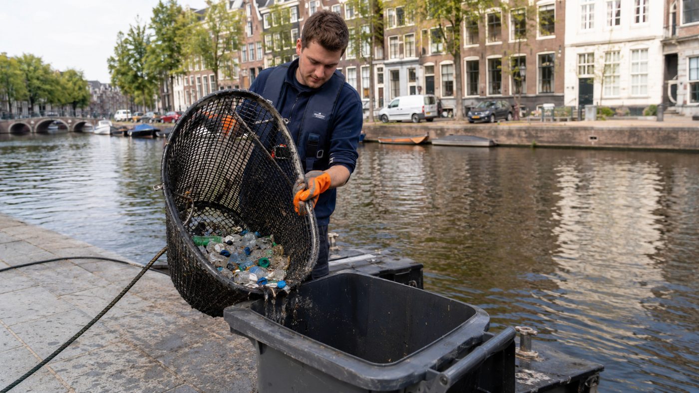 A worker in gloves emptying a basket full of collected plastic bottles and fragments into a bin on an Amsterdam canal quayside, with historic canal houses behind