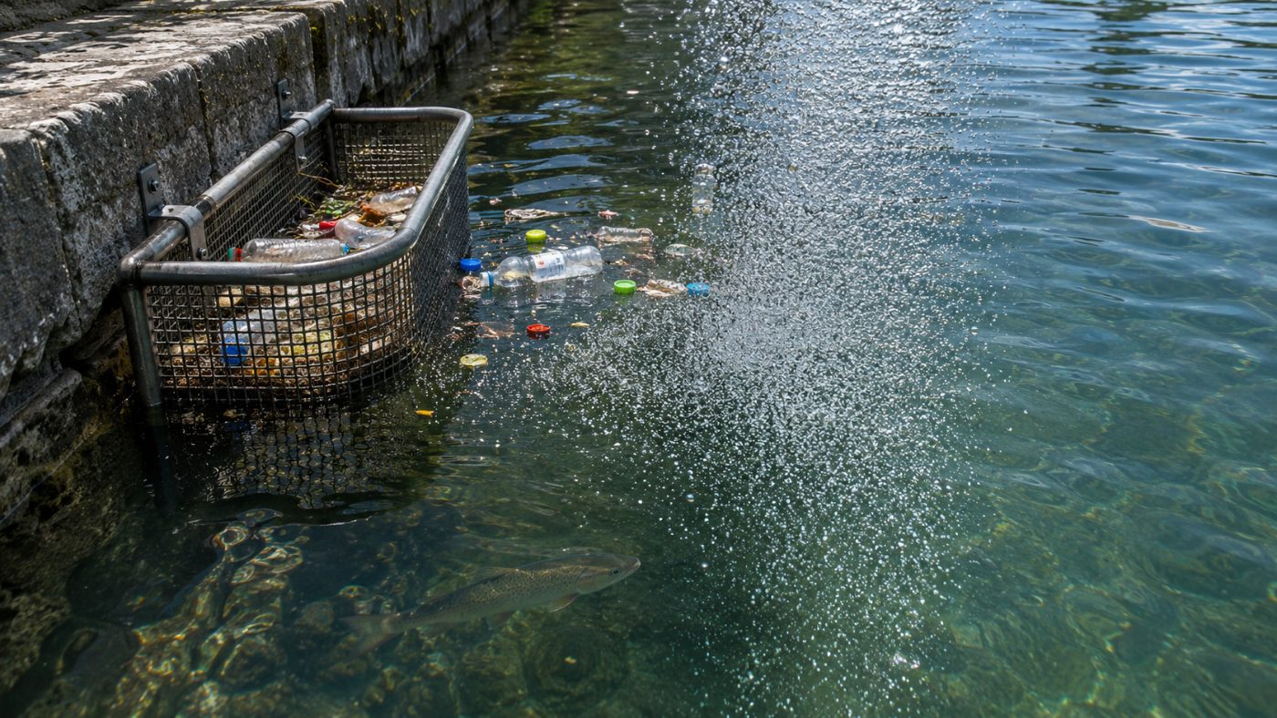 A metal catchment basket at the stone edge of a canal collecting floating plastic bottles and caps, with a curtain of air bubbles rising from the water beside it
