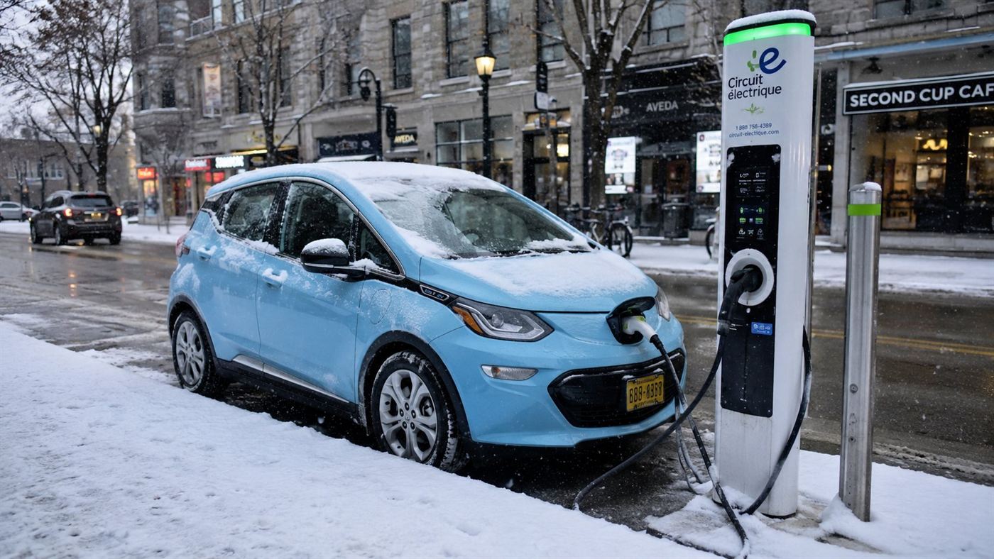 A small affordable electric car charging at a station on a snowy winter street