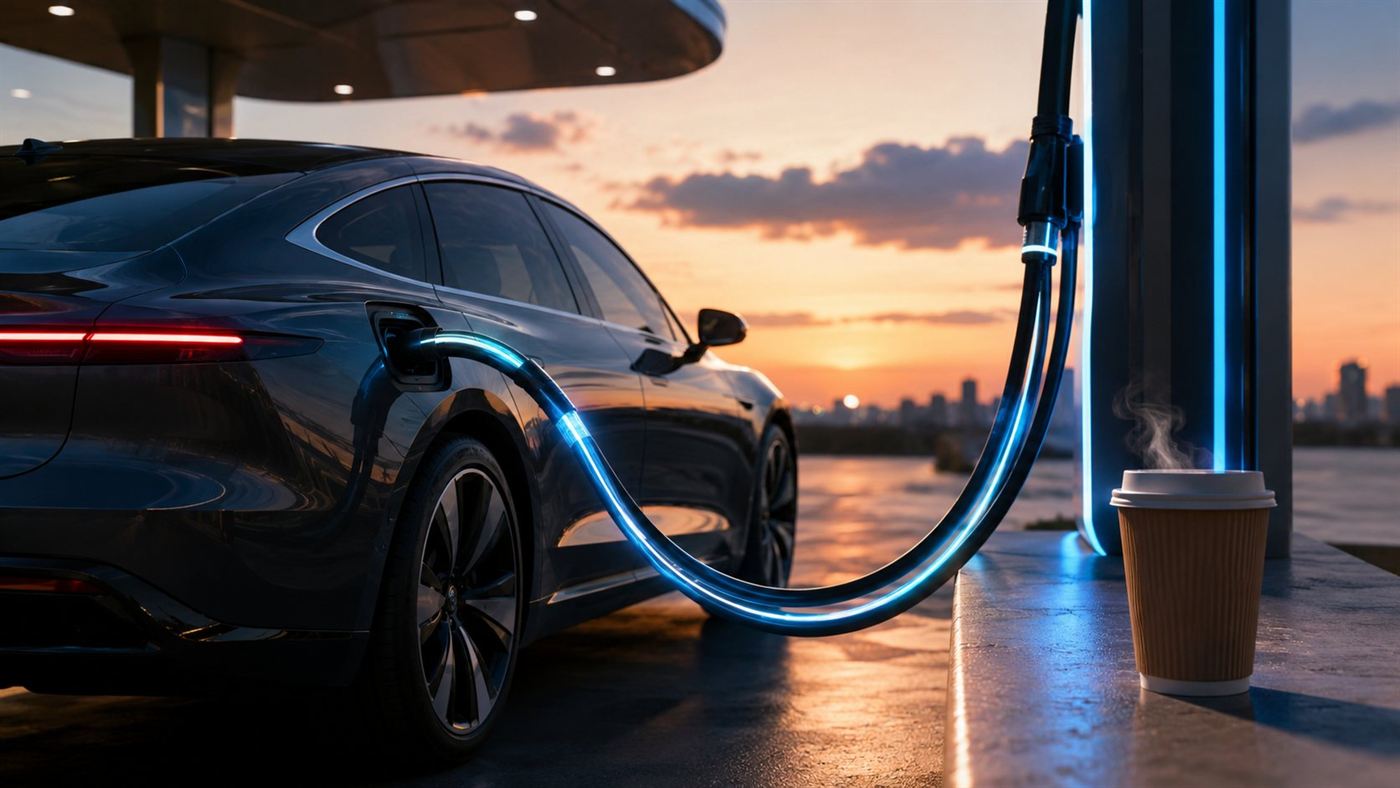 An electric car fast-charging at dusk beside a coffee cup