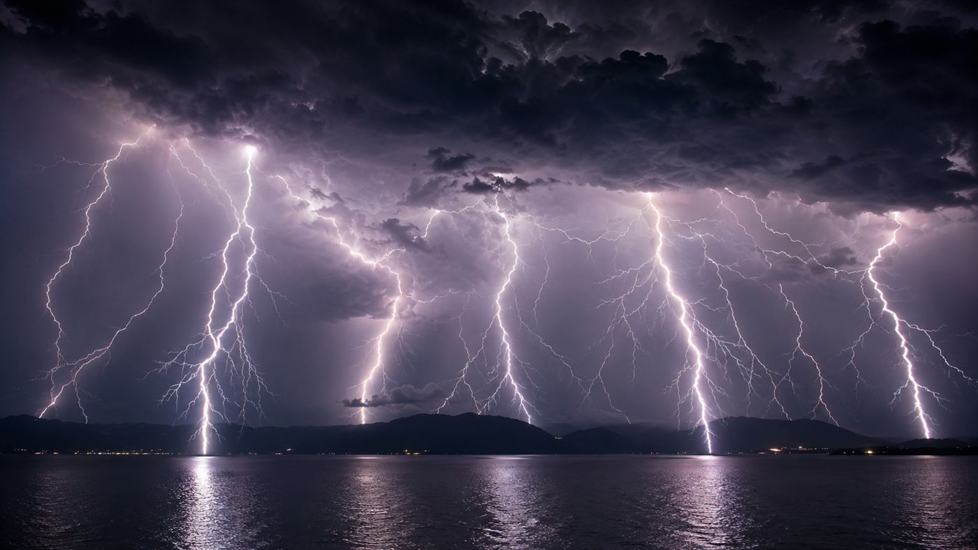 Multiple branching bolts of lightning striking down through dark storm clouds over a wide black lake at night in Venezuela
