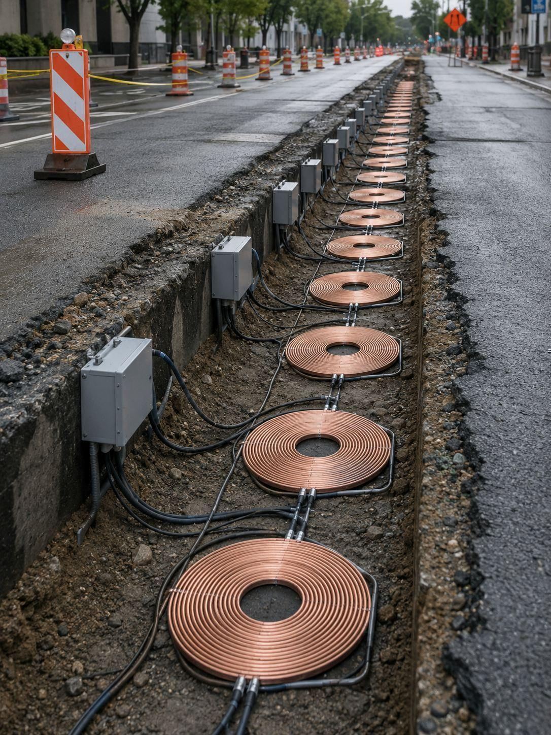 Rows of copper charging coils laid into a trench in a road during construction before the asphalt is poured over them