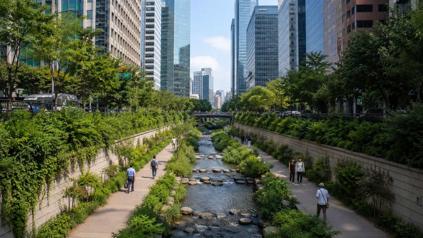 A restored sunken stream park in central Seoul with clear water and greenery below skyscrapers
