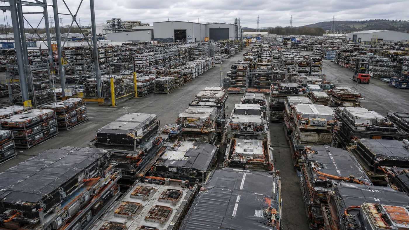 A yard stacked with used EV battery packs