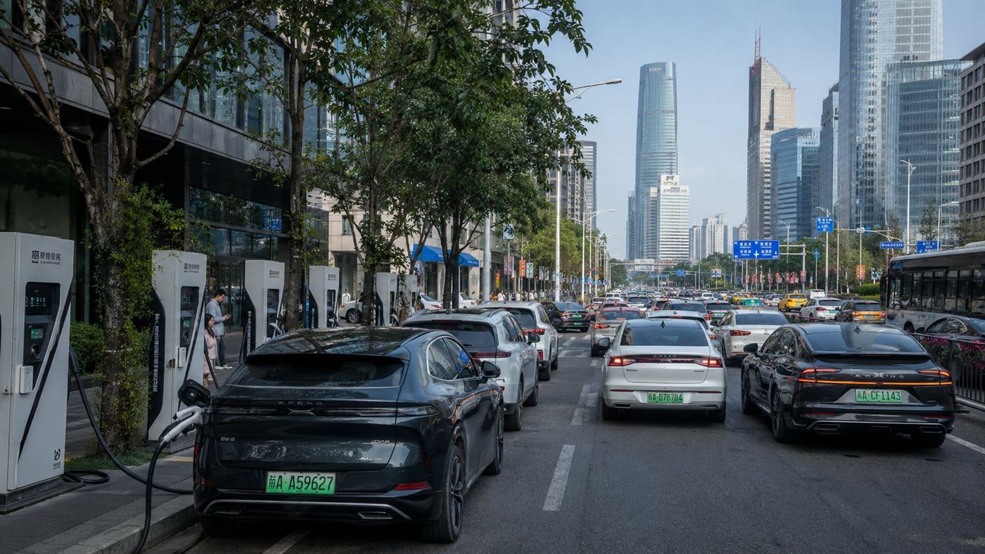 A busy Chinese city street packed with electric cars in traffic, with charging stations along the road