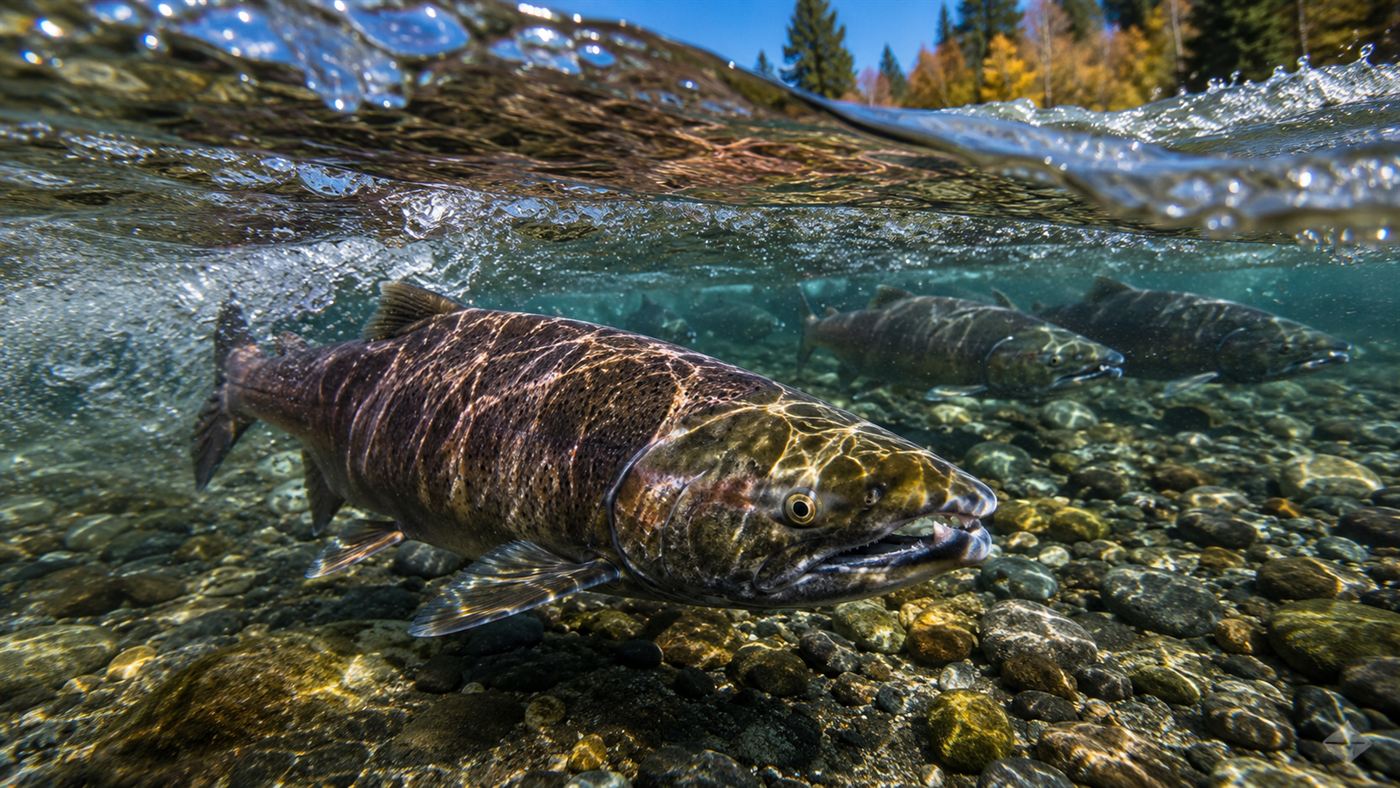 Chinook salmon swimming upstream through clear shallow river water over a gravel bed