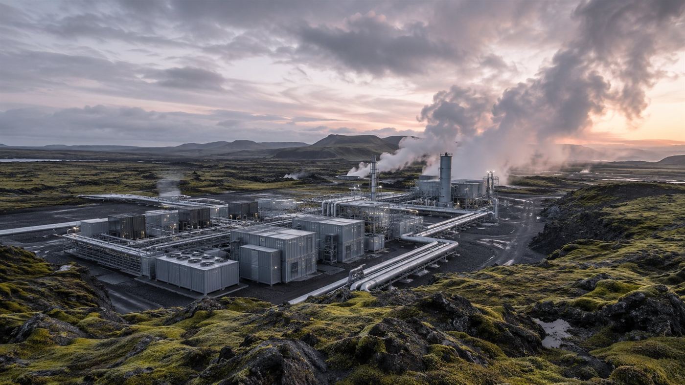 A wide view of a carbon capture plant of grey modular containers beside steaming geothermal pipes on black Icelandic lava fields at dusk