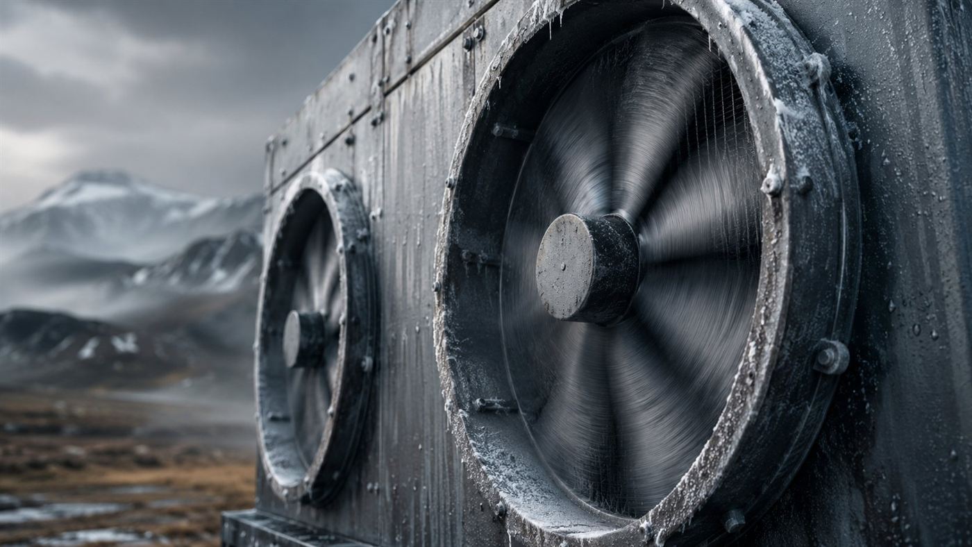 Extreme close-up of the large circular intake fans on a direct air capture container, frost on weathered steel, blurred volcanic landscape behind