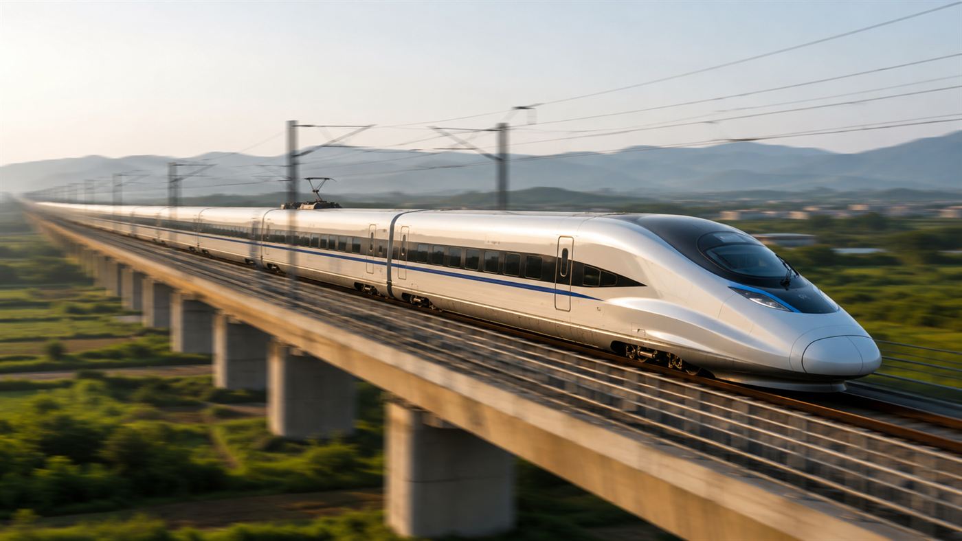 A sleek white and silver high-speed bullet train racing along an elevated railway through green countryside