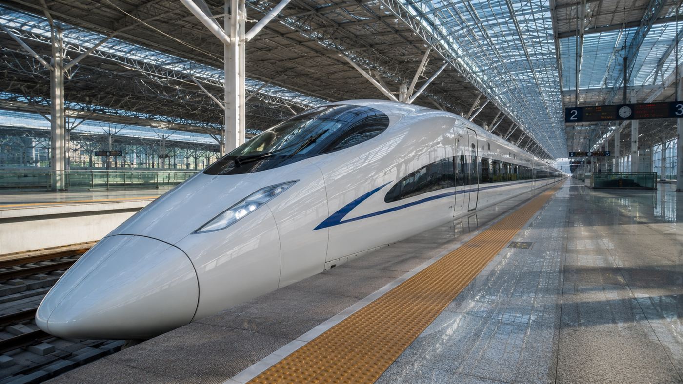 A sleek high-speed train with a long aerodynamic nose stopped at a modern station platform