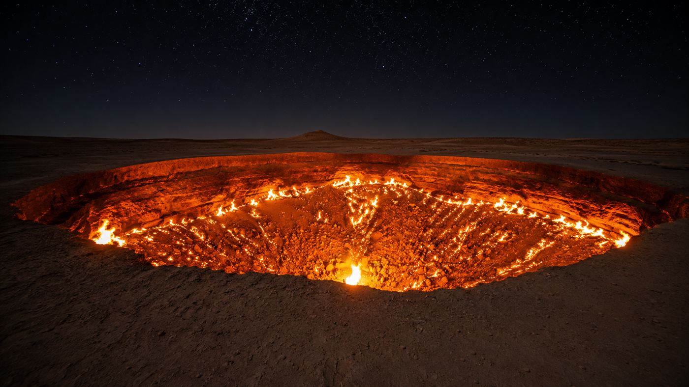 A huge circular crater in a flat desert at night filled with burning orange flames under a dark starry sky