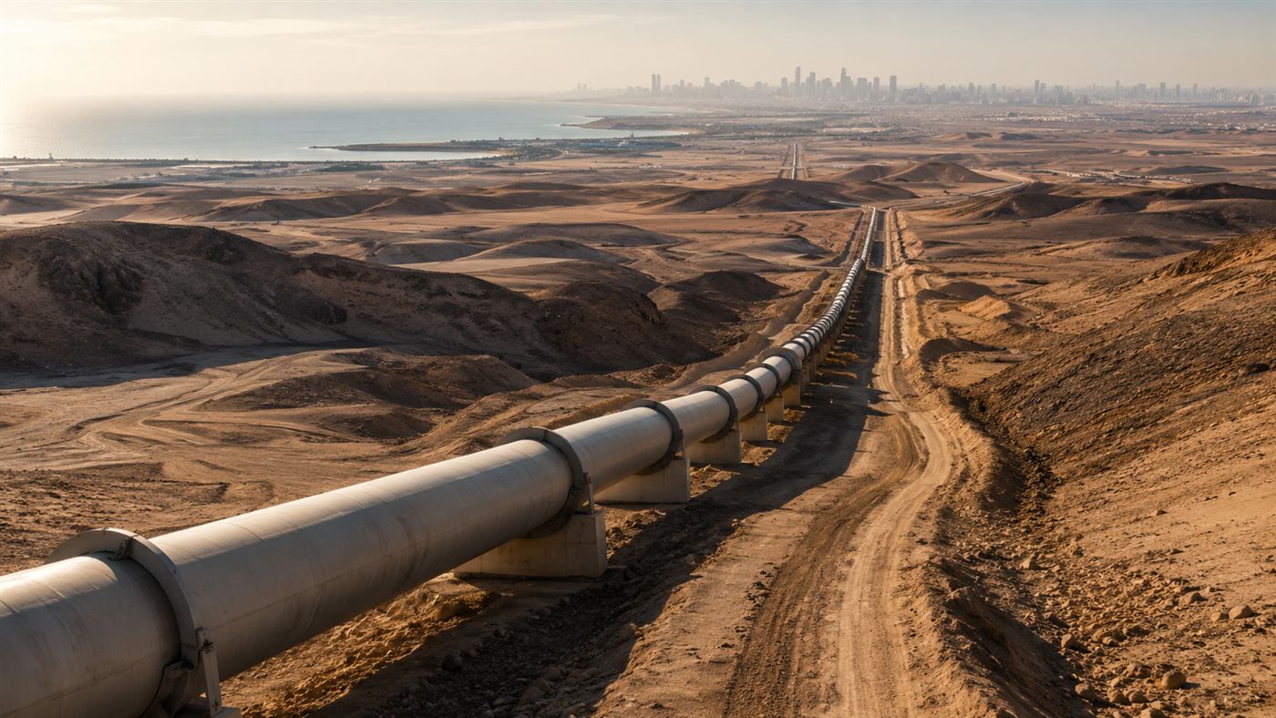 Large water pipelines running from the coast across an arid desert landscape toward a distant city