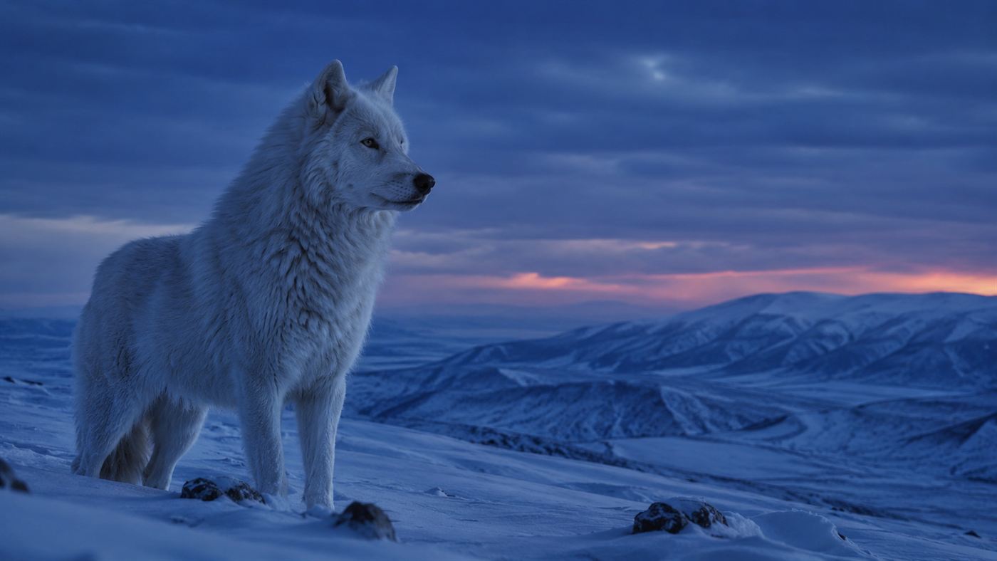 A large powerful white wolf with thick fur standing alert in a snowy wilderness at dusk