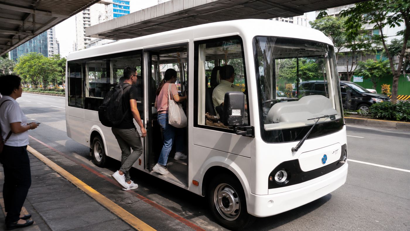 A clean modern white electric jeepney minibus with rounded styling parked at a city stop, contrasting with the old traditional design