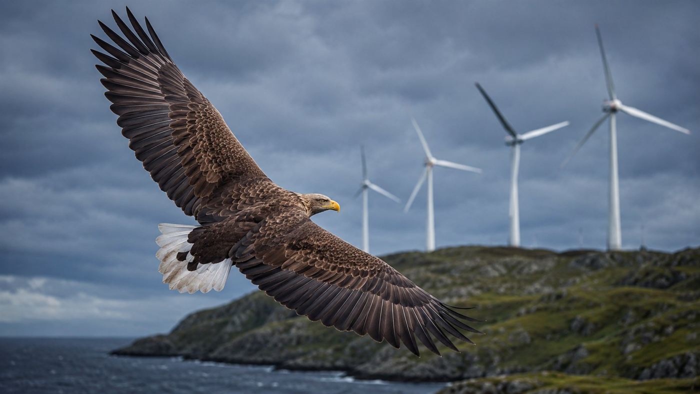 A white-tailed eagle soaring with wings spread across the airspace above a wind farm on a rugged coastal island