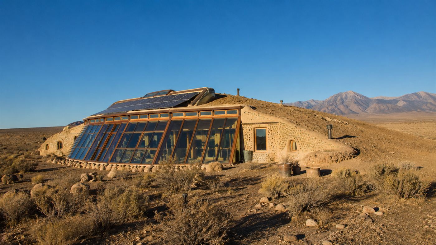 An off-grid Earthship home set into an earth berm in the New Mexico high desert with a sloping wall of south-facing glass
