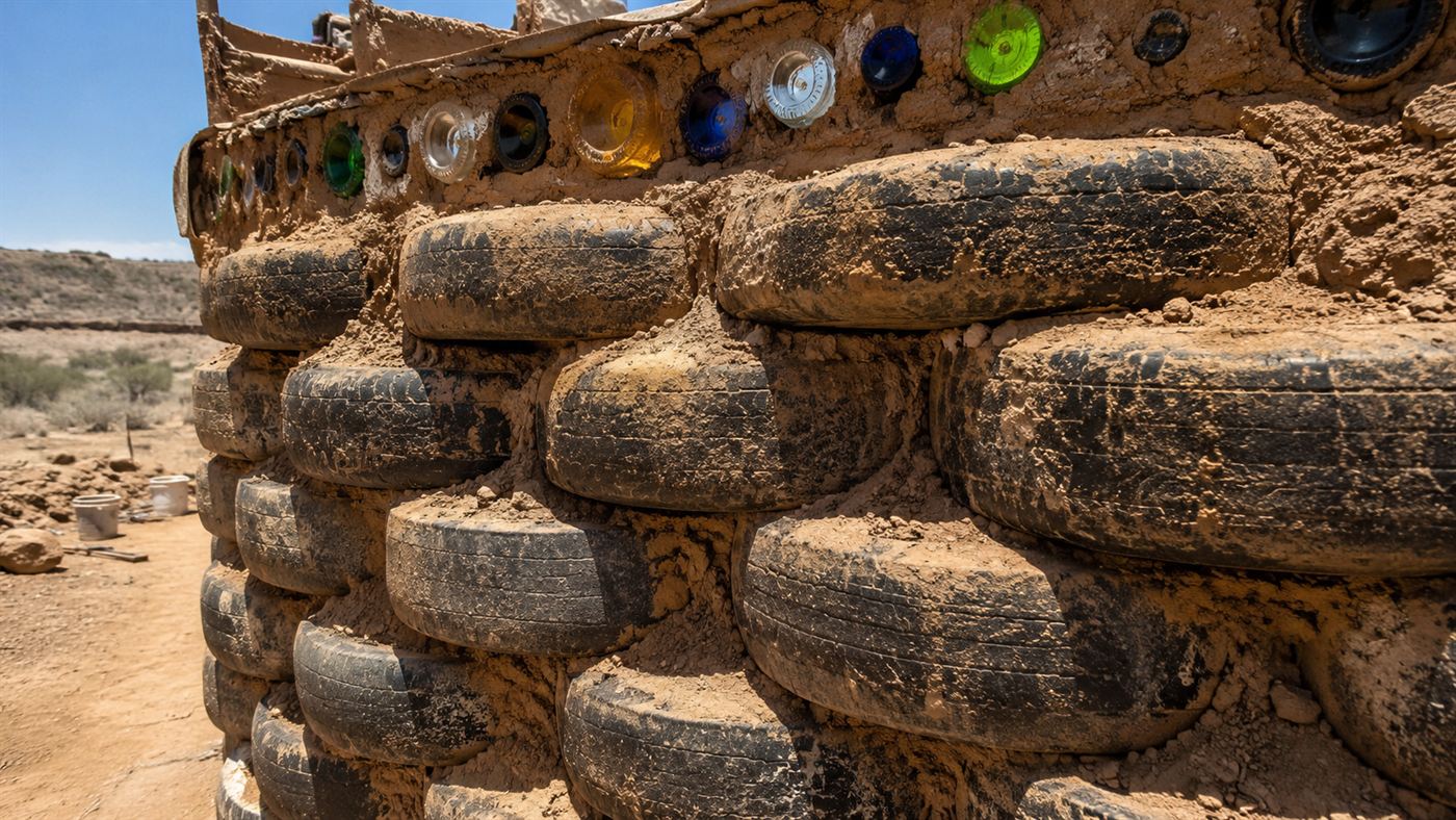 A thick wall under construction made of old car tires packed with rammed earth, with glass bottles set into the upper section letting coloured light through
