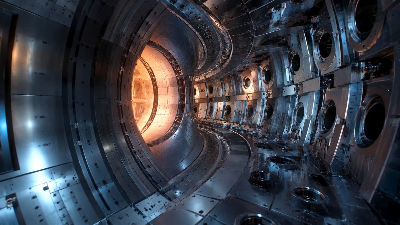 Close view of the metallic inner wall of the EAST tokamak vessel, a curved chamber of polished panels and ports designed to contain superheated plasma