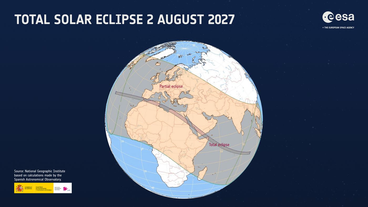 Mapa da ESA com a faixa do eclipse solar total de 2 de agosto de 2027 cruzando o sul da Espanha, o norte da África e a Península Arábica