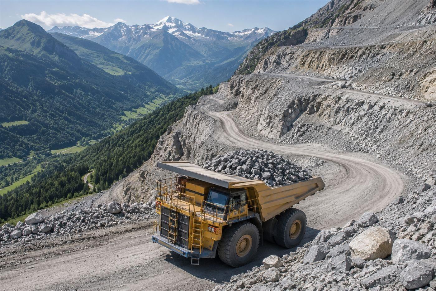 A huge yellow electric mining dump truck loaded with rock descending a quarry road in the Swiss mountains