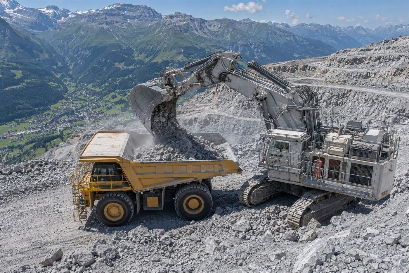An excavator loading crushed rock into the bed of a giant electric mining truck at the top of an alpine quarry