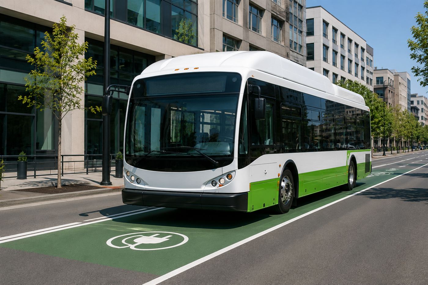 A modern electric city bus driving along a marked lane on an urban street in clear daylight