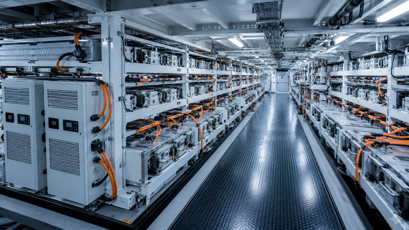 Rows of large battery modules packed inside the lower hull of a ship, connected by orange power cables