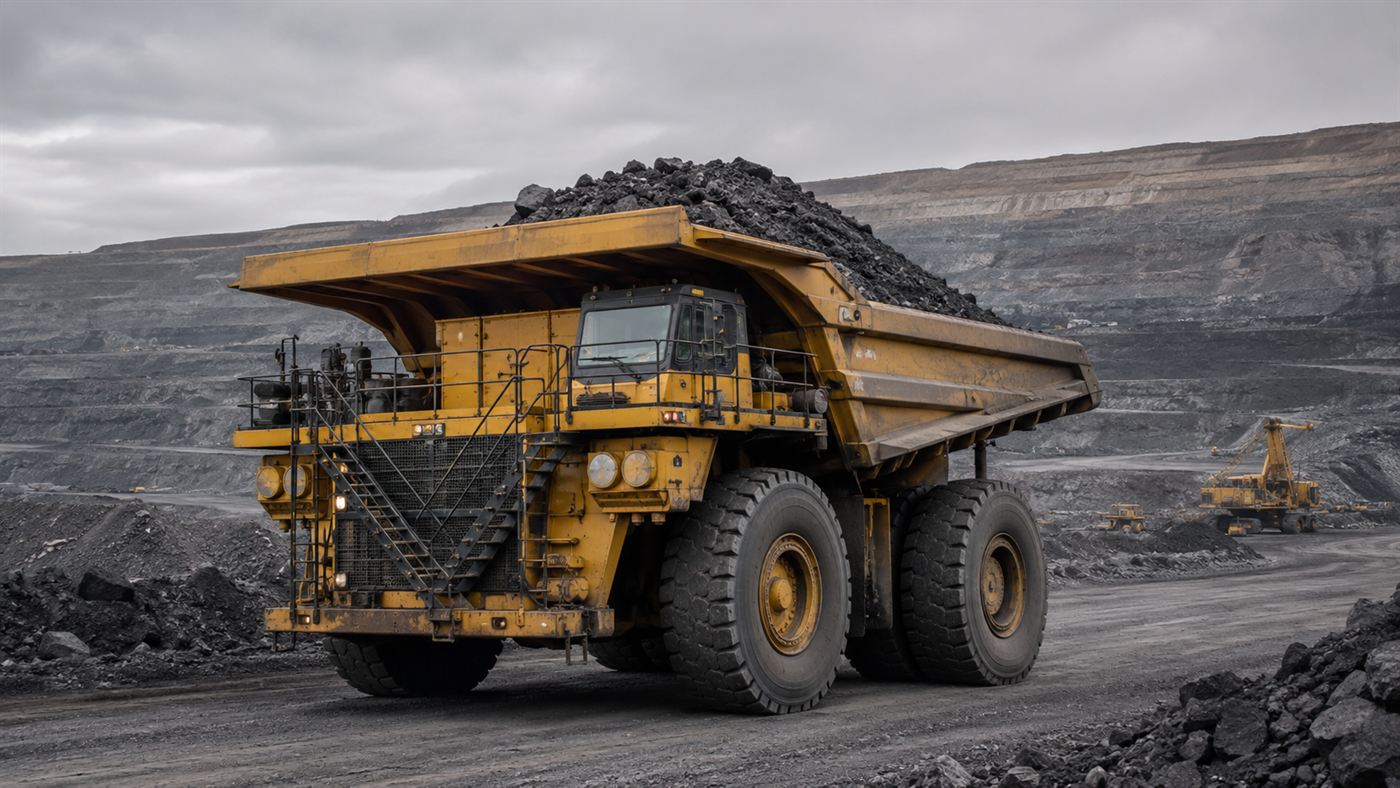 A huge yellow electric mining haul truck loaded with dark ore driving through a vast open-pit coal mine under a grey overcast sky