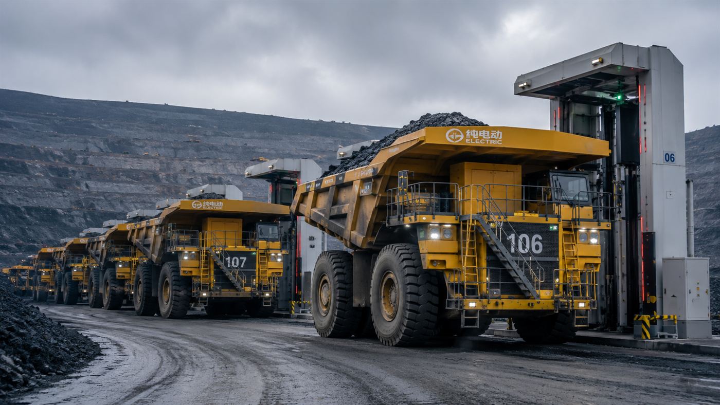 A line of large electric mining haul trucks parked in an open-pit mine beside battery swap stations under a cold grey sky