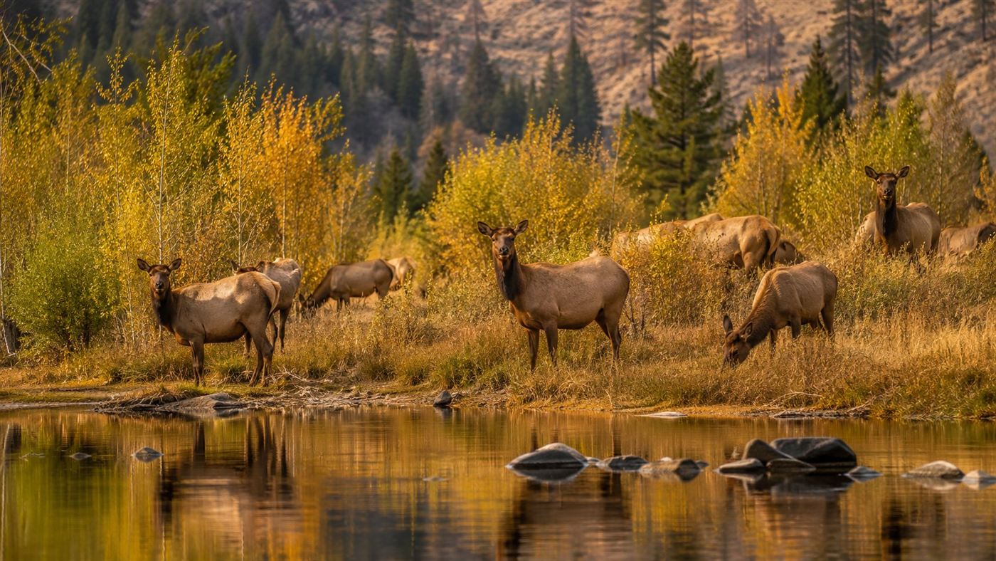 A herd of elk grazing on a riverbank with young willow and aspen regrowing along the water in autumn light