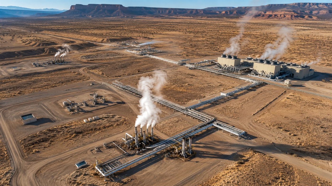 An aerial view of an enhanced geothermal power facility in the Utah desert with steam piping, turbine buildings and well pads spread across arid terrain