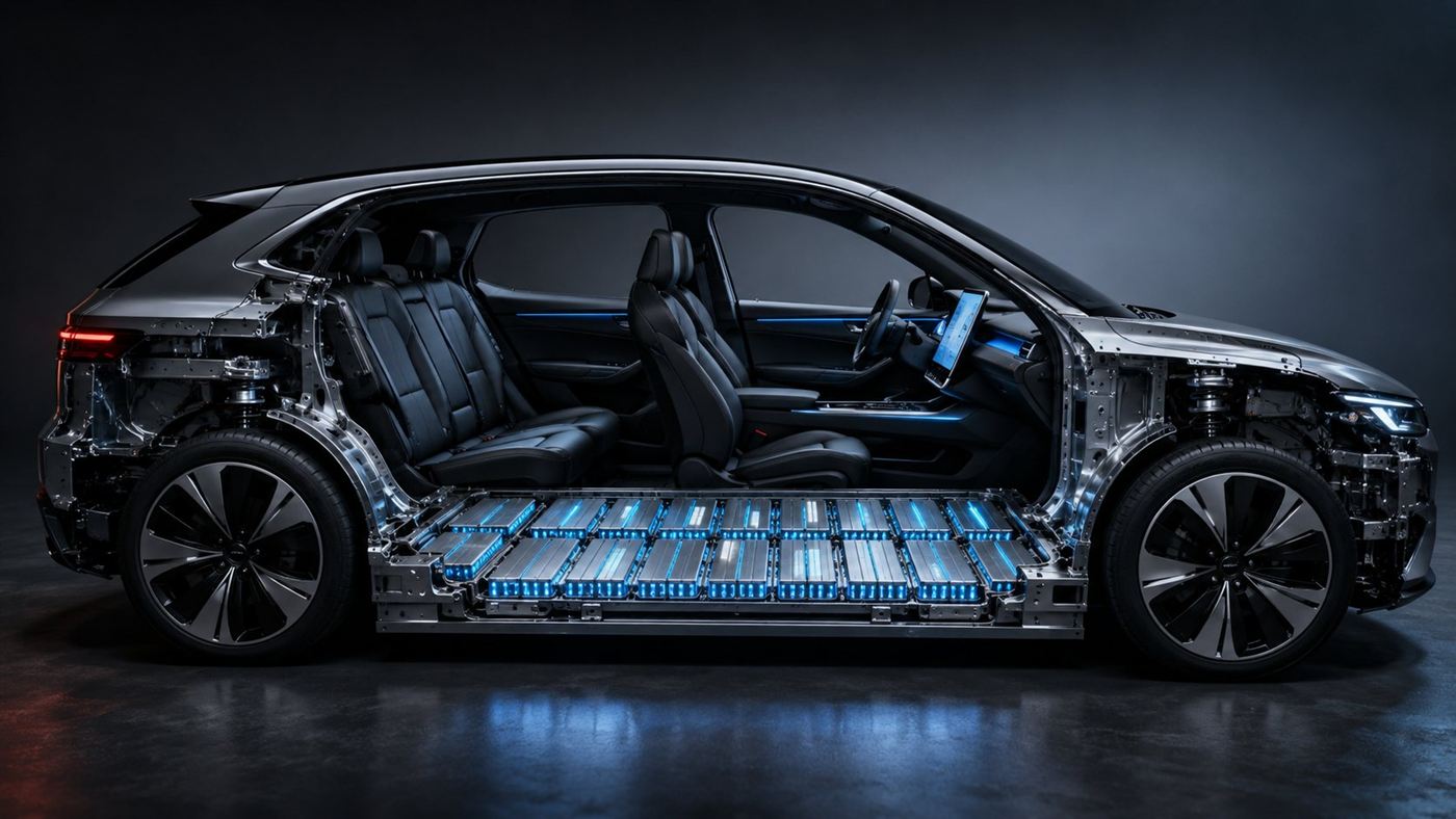 A cutaway of an electric car revealing its battery pack
